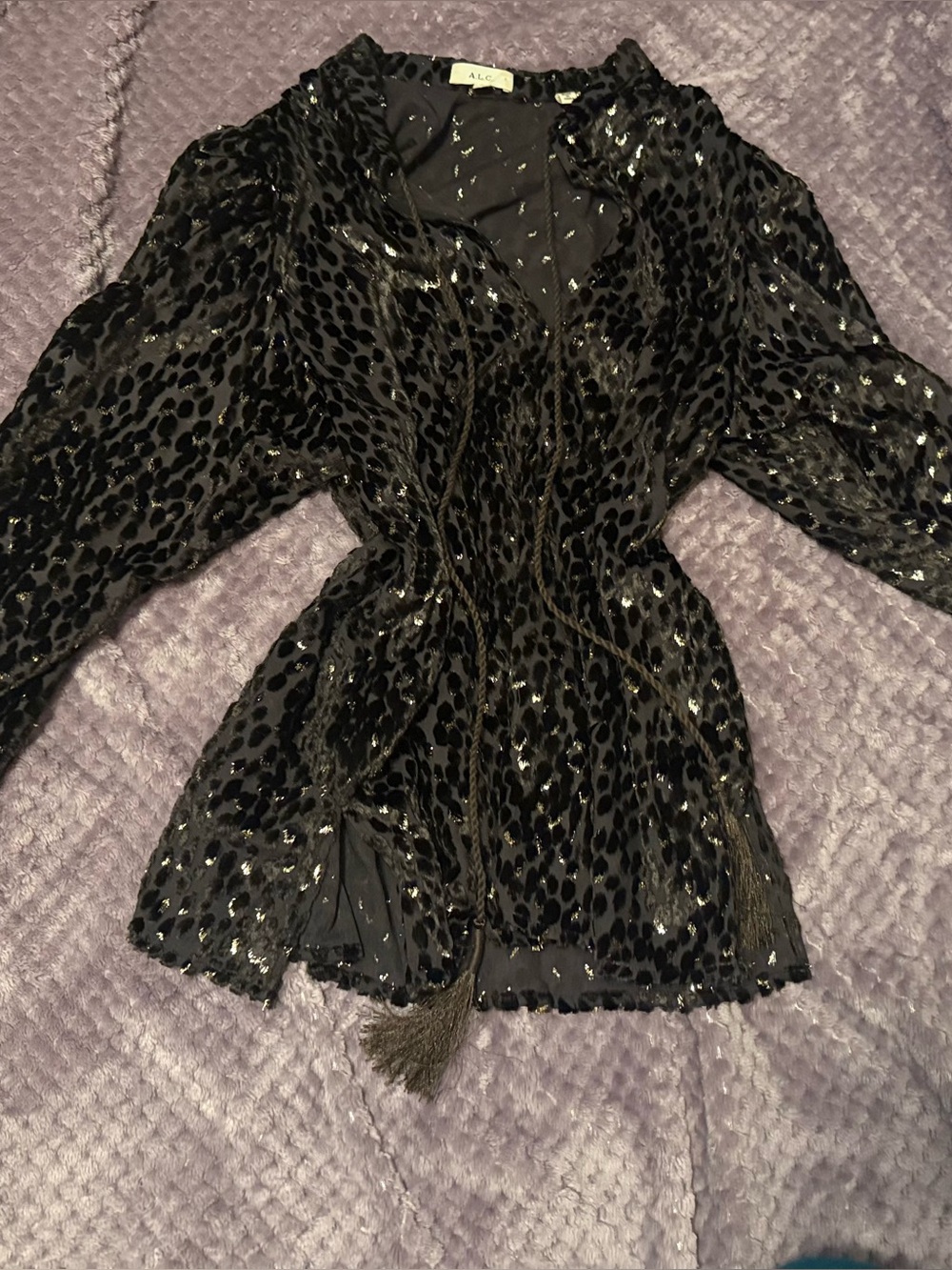 A.L.C. Black Metallic Gold Textured Tie-Front Top- Size 8